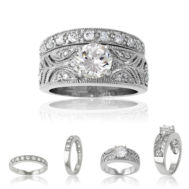 Sterling Silver Designed Clear CZ Ring W/ Center Round Clear CZ & Clear CZ Wedding Band