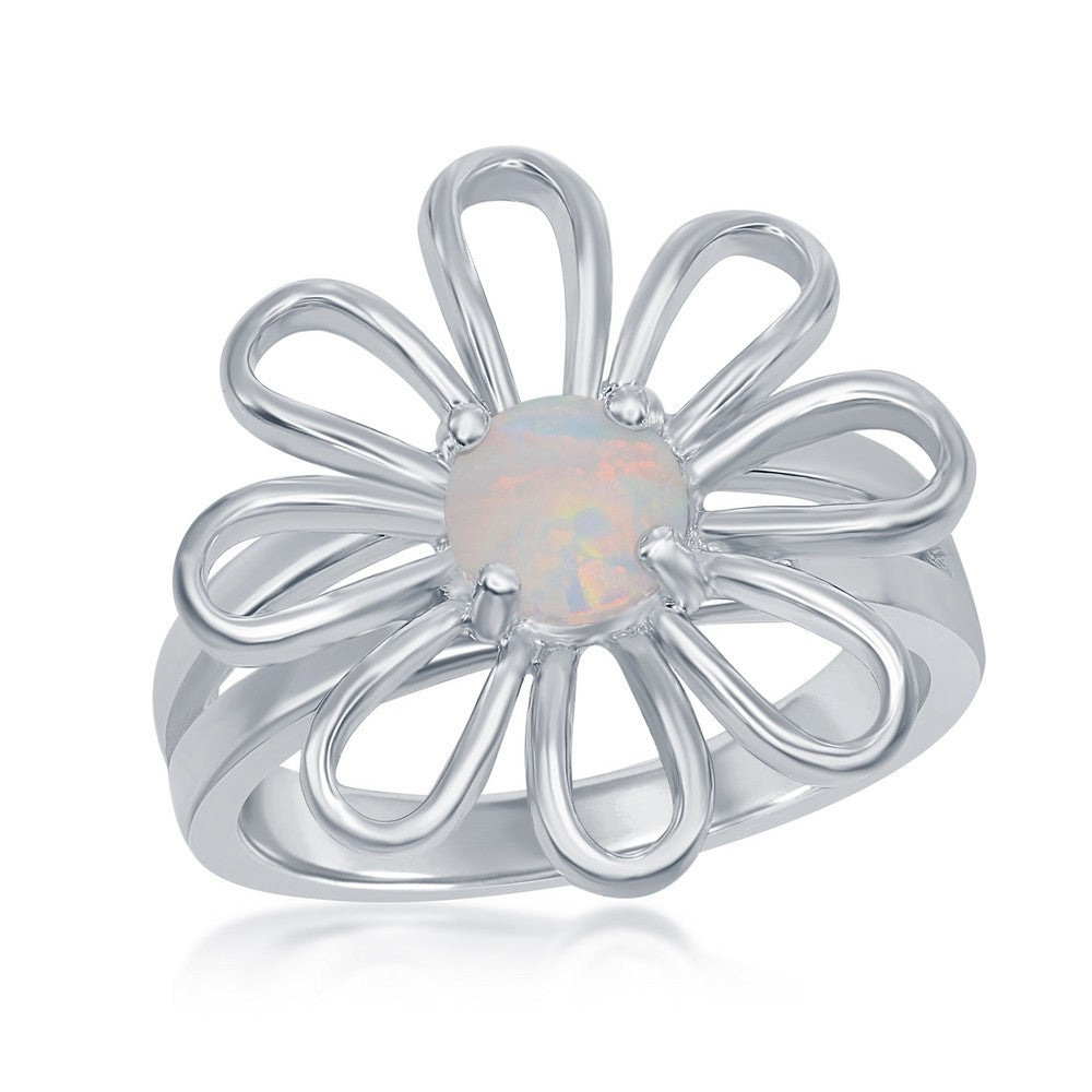 Sterling Silver Flower Ring With White Opal