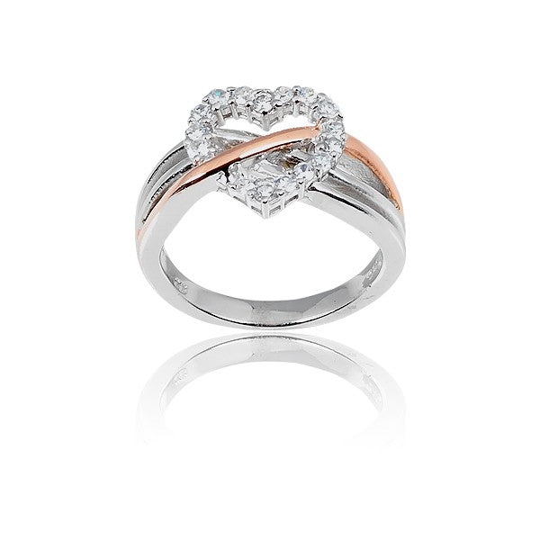 Sterling Silver CZ Center Heart w/ Rose Gold Plated and Silver Lines Through Ring