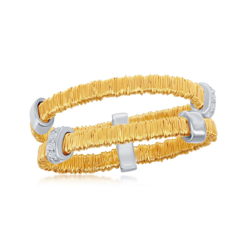 Sterling Silver Gold Plated "Gold Threads" Double Flexible Bands w/Alternating Silver and CZ Bars Ring