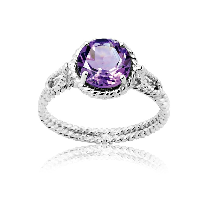 Sterling Silver Round-Gem Twisted Wire Circle Ring - Amethyst