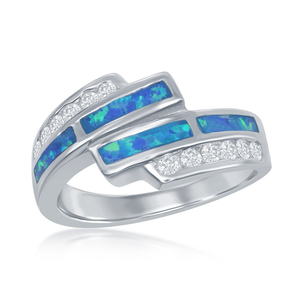 Sterling Silver Blue Inlay Opal and CZ Overlapping Ring