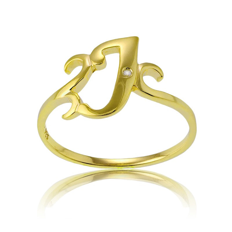 Sterling Silver 1 Micron Gold-plating Single CZ "J" Ring