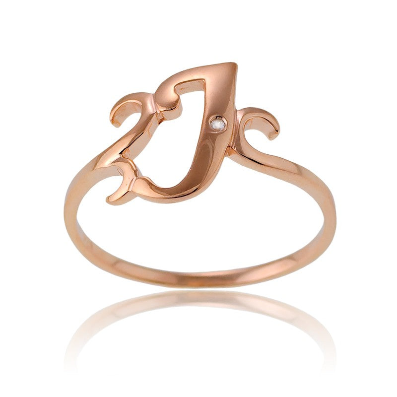Sterling Silver 1 Micron Rose Gold-plating Single CZ "J" Ring