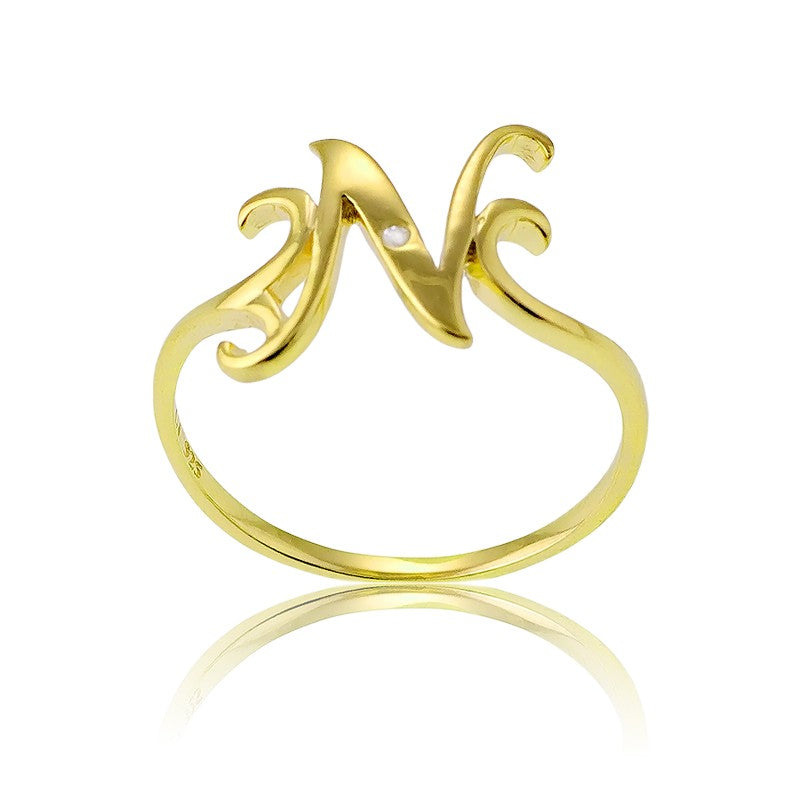 Sterling Silver 1 Micron Gold-plating Single CZ "N" Ring