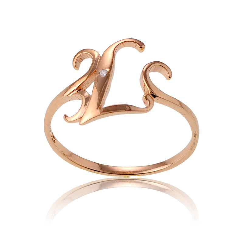 Sterling Silver 1 Micron Rose Gold-plating Single CZ "L" Ring