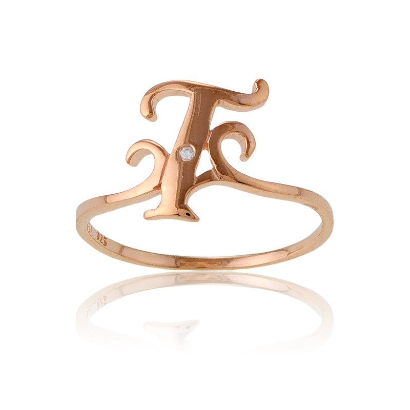 Sterling Silver 1 Micron Gold-plating Single CZ "T" Ring