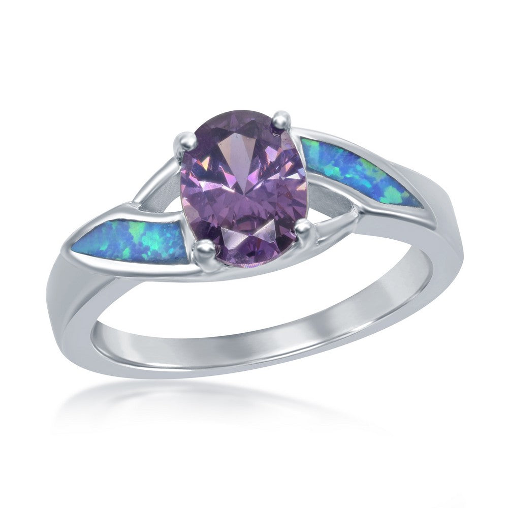 Sterling Silver Blue Opal w/Purple Oval CZ Ring