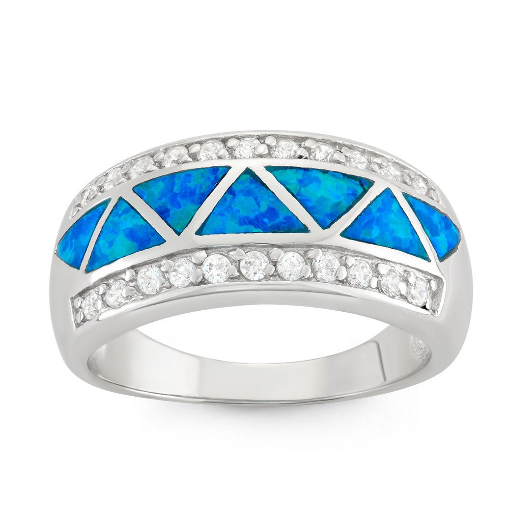 Sterling Silver CZ Borders w/Triangle Designed Opal Ring