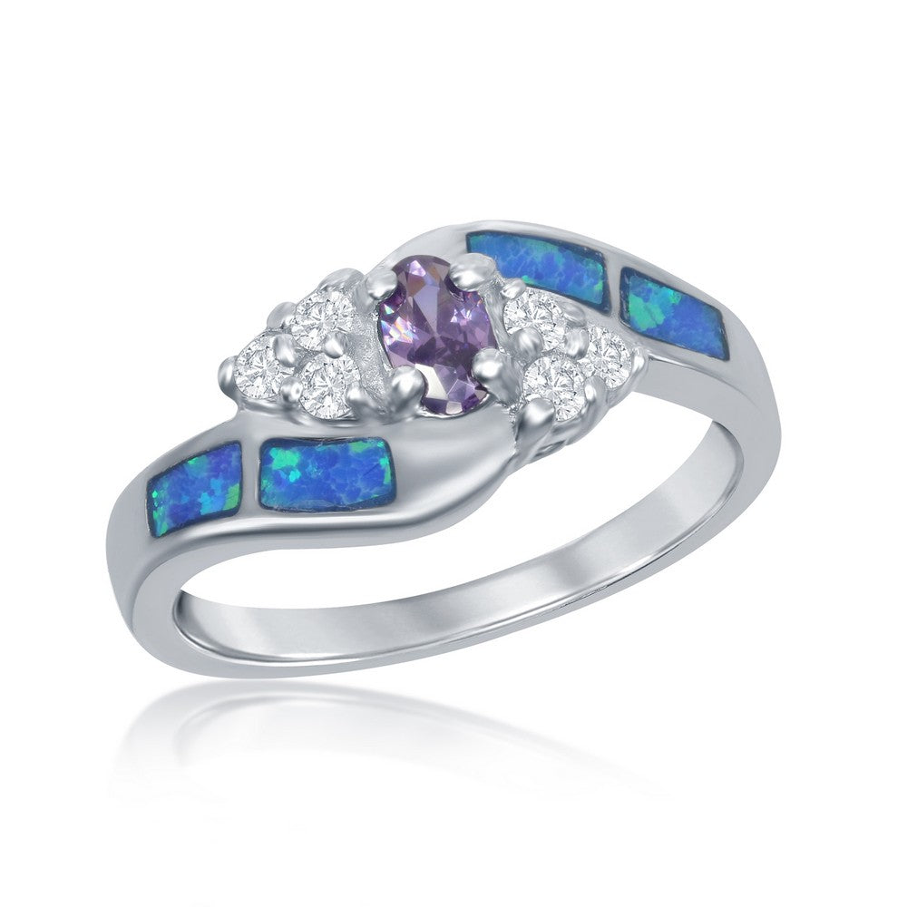 Sterling Silver Opal, Clear CZ w/Small Purple CZ Center Ring