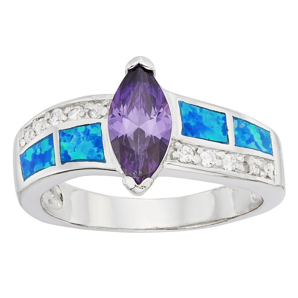 Sterling Silver CZ, Opal and Marquise Purple CZ Ring