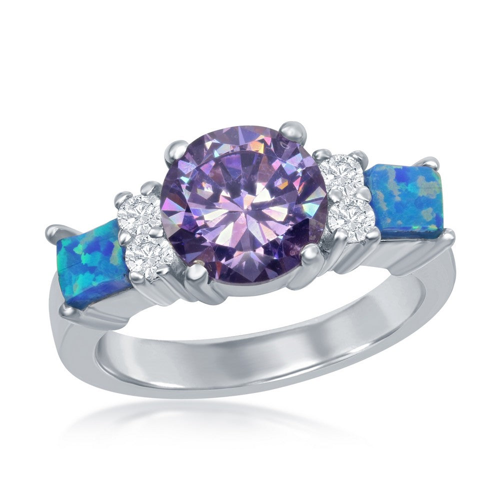 Sterling Silver Amethyst w/Clear CZ and Opals Ring