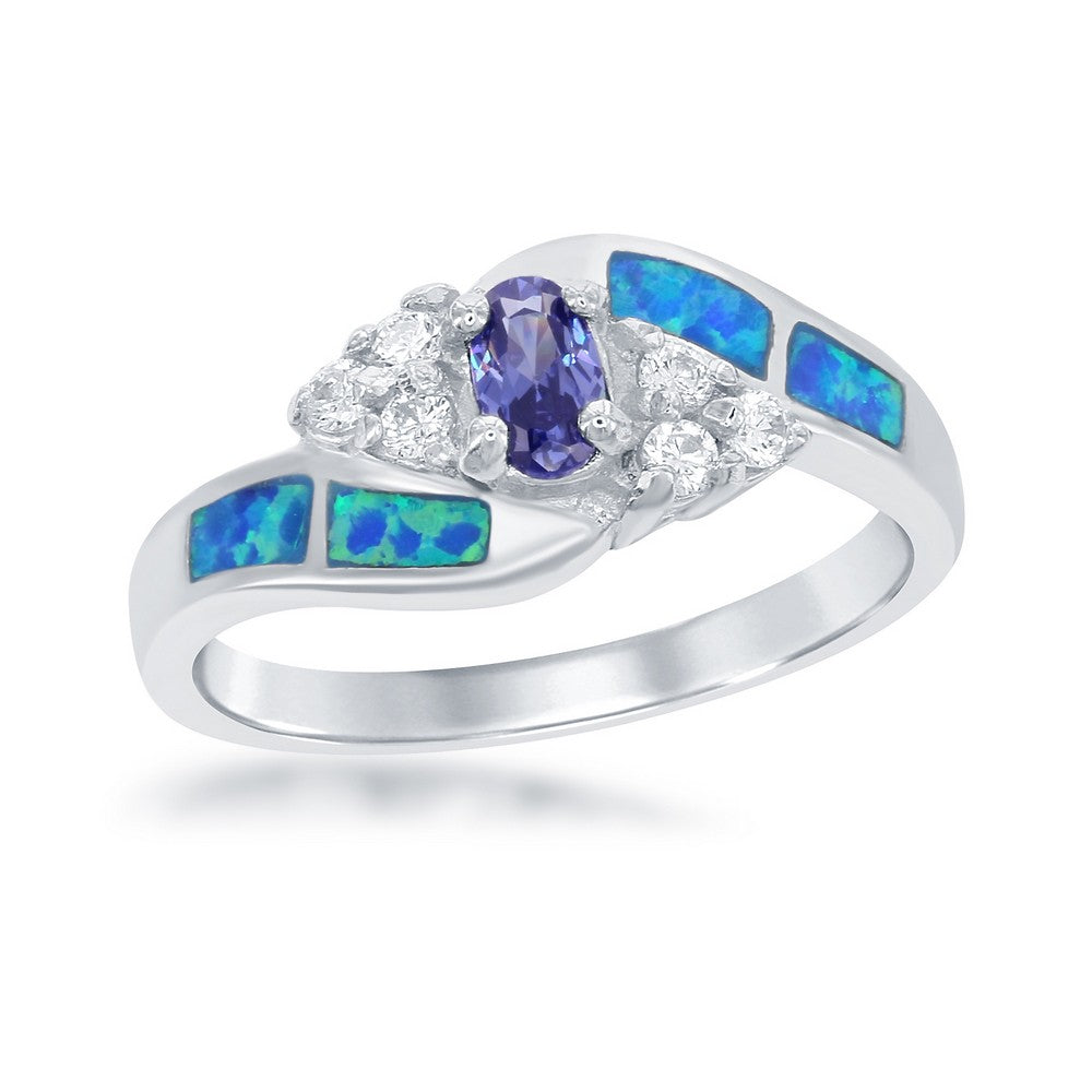 Sterling Silver Opal, Clear CZ w/Small Blue CZ Center Ring