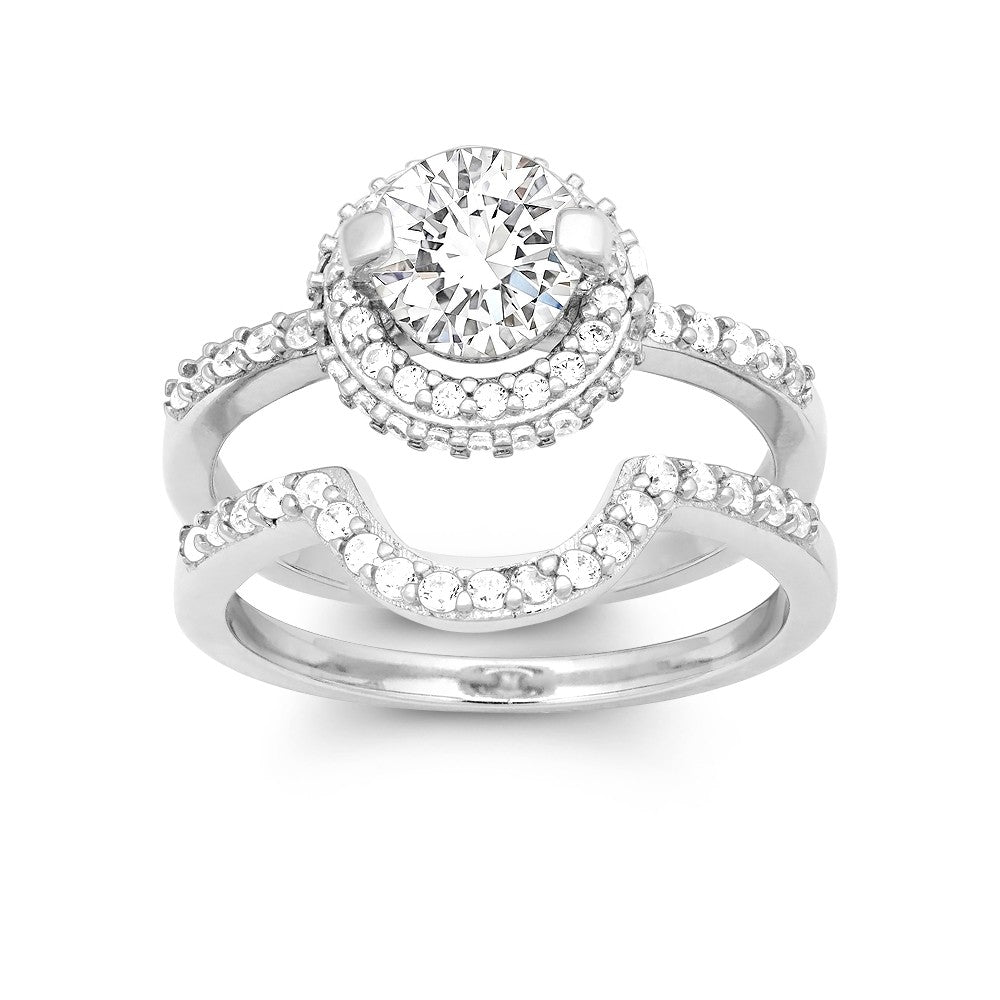 Sterling Silver Halo Style CZ Engagement and Wedding Ring Set