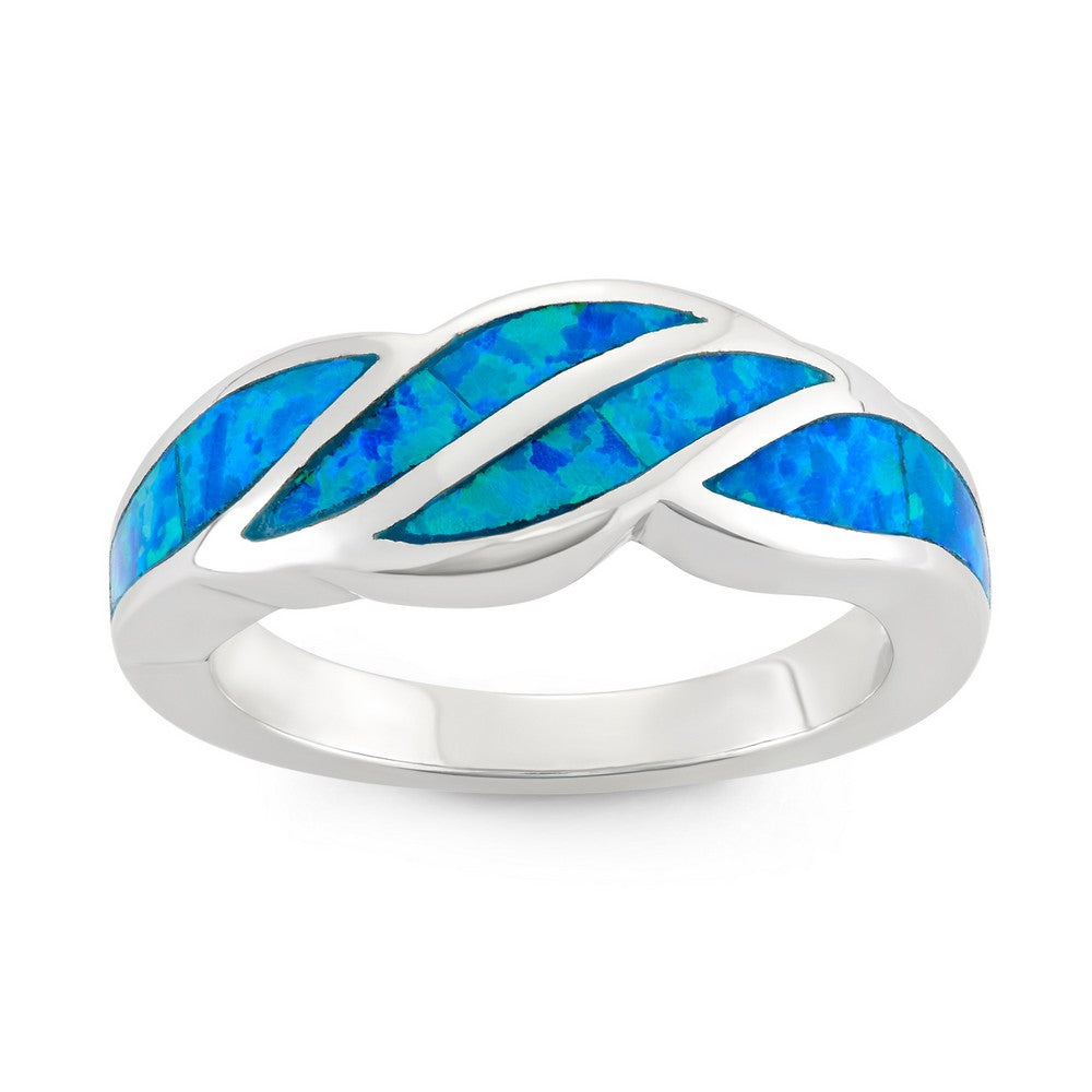 Sterling Silver Blue Inlay Opal Wave Design Ring