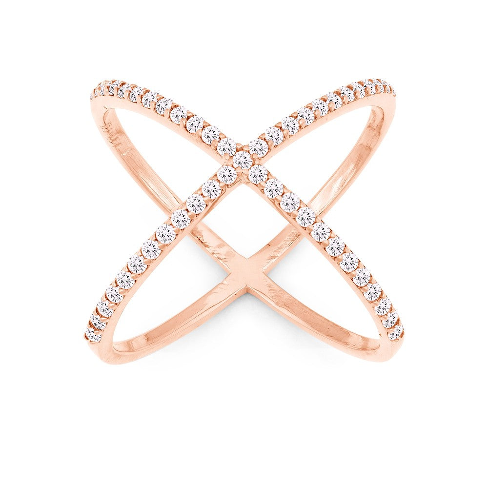 Sterling Silver CZ X Style Ring - Rose Gold Plated