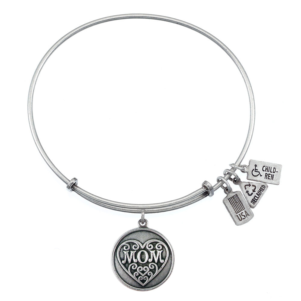 Mom Filigree Heart Charm Bangle