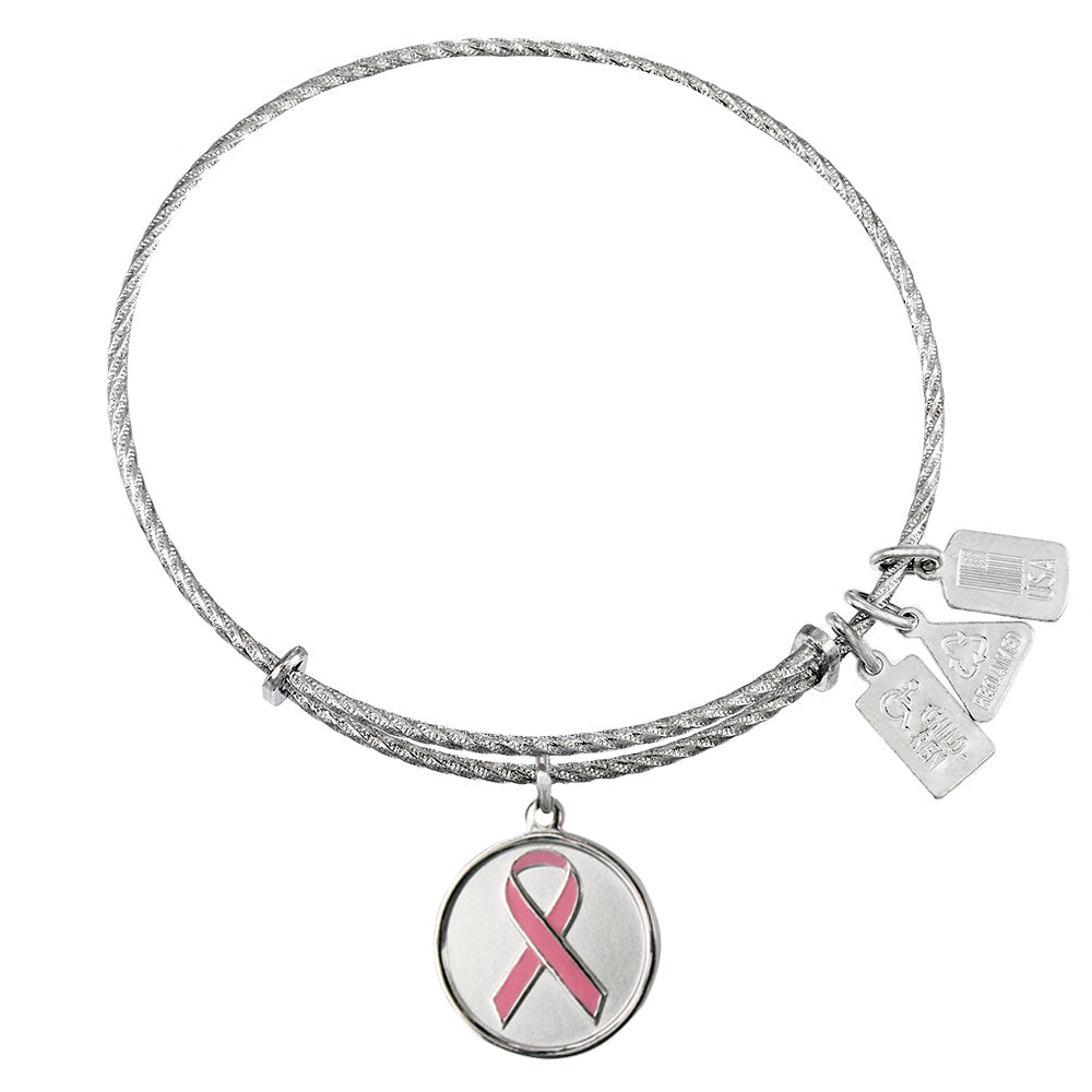 Pink Awareness Ribbon Sterling Silver Charm Bangle